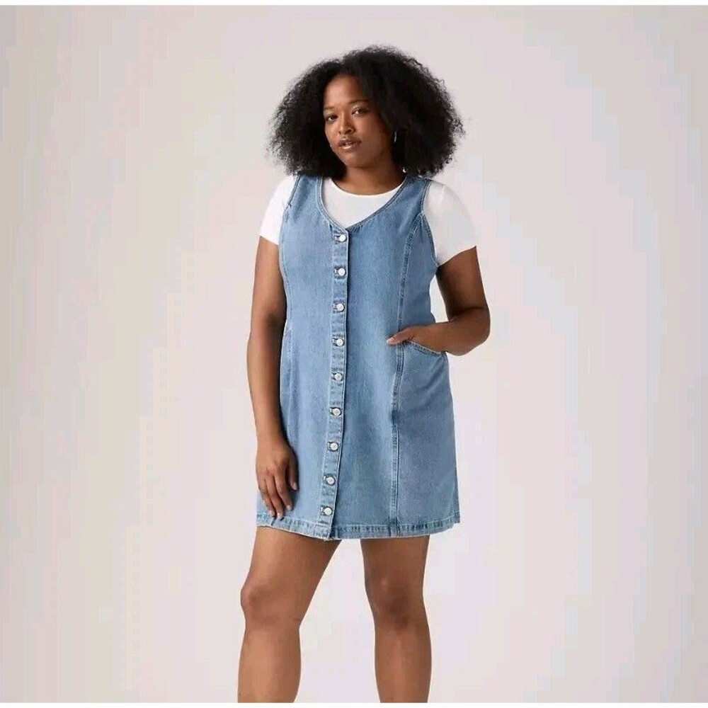 Levi's NWT Light Wash Blue Denim Vianna Vest Mini Dress 2X Pockets Sleeveless